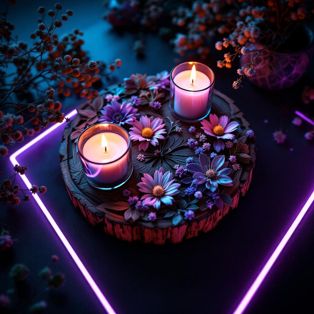 Wildflower Candle Stand — A handcrafted reclaimed wood candle stand adorned with intricate floral designs,